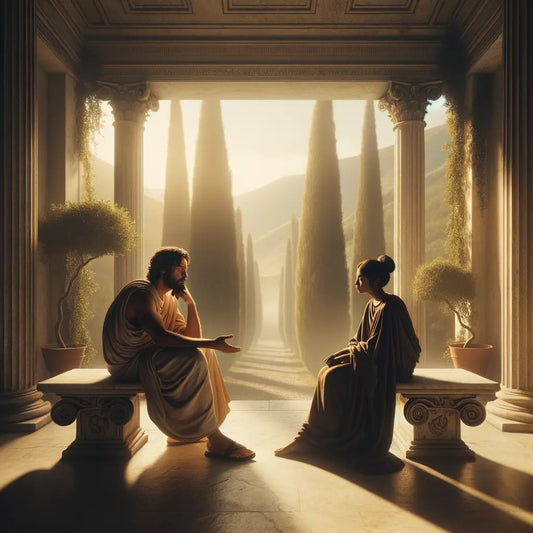 Roman philosopher and companion in a serene garden, engaged in conversation with classical elements, inspired by 1960s historical films.