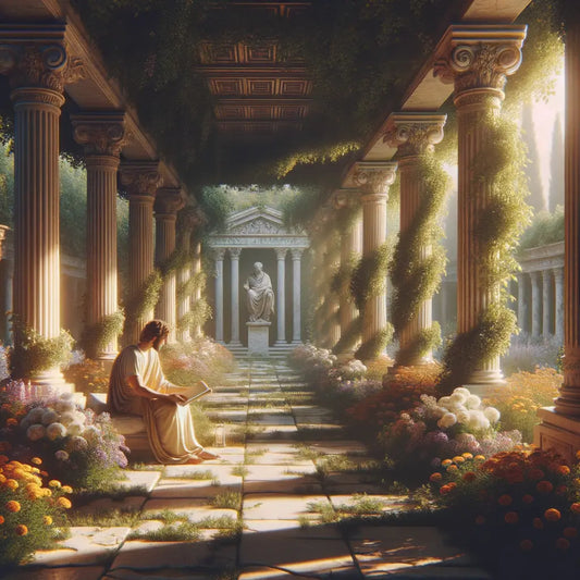 Roman garden with flowers symbolizing Stoicism, featuring a toga-clad philosopher, inspired by 1960s historical film style.
