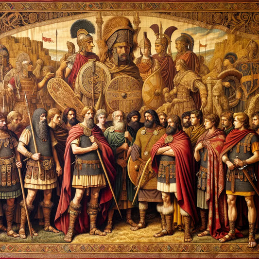 A vibrant tapestry displaying Gallic tribes with iconic mustaches, interwoven with Roman, Germanic, and Norse cultural elements in a 1960s epic style.