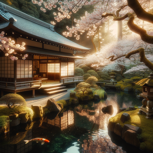 A tranquil Japanese garden featuring cherry blossoms and a koi pond.