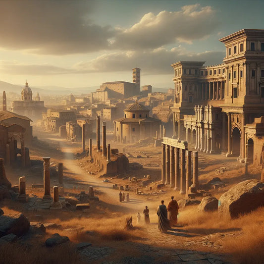 View of ancient Roman ruins with the Mamertine Prison under a clear blue sky, in the style of classic historical epics.