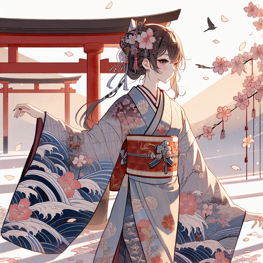 A tasteful anime character in a softly patterned kimono with ukiyo-e inspired motifs, gentle pink cherry blossoms drifting around a faint red torii gate silhouette in the background, minimalistic and serene Japanese-inspired image.
