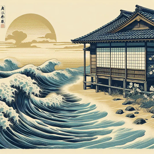 A peaceful Edo-period Japanese wooden home beside gentle ukiyo-e style waves, rendered with muted traditional colors reflecting Katsushika Hokusai's art style.