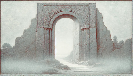 Eingang zur nordischen Unterwelt Hel als steinernes Relief mit Torbogen neblig und ruhig in dunklen Linien auf hellem Stein