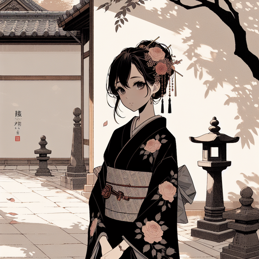An elegant anime-style girl in a black kimono with rose motifs, standing gracefully in a quiet Japanese garden with scattered rose petals, minimal and serene.