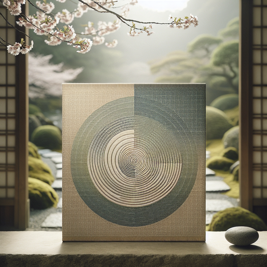 Traditional Japanese textile with subtle uzumaki spiral pattern in soft natural colors, set against a calm garden with cherry blossoms and a serene atmosphere.