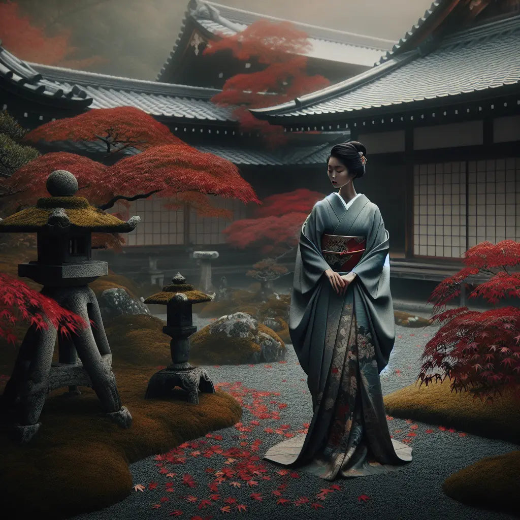 An elegant Japanese woman in a traditional silk kimono standing serenely in an autumn garden with red and orange maple leaves and a traditional temple in soft, natural light.