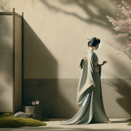 Elegant Japanese woman in a flowing kimono standing gracefully in a serene natural setting with soft light and cherry blossoms, embodying quiet traditional beauty.