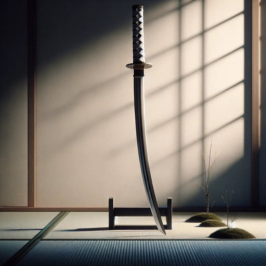 An elegant katana sword displayed on a wooden stand against a subtle Japanese tatami room backdrop with soft dawn or dusk lighting, evoking tradition and martial arts mastery.