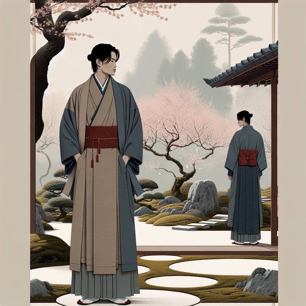 An elegant man in a layered traditional Japanese kimono stands calmly in a serene cherry blossom garden, bathed in soft morning light with delicate petals scattered around.