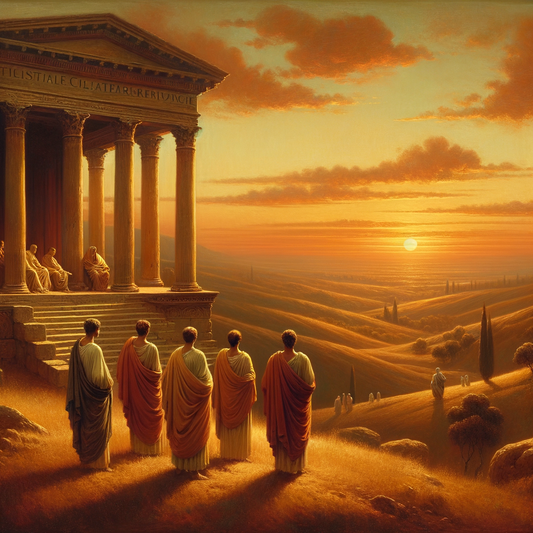 Serene Roman sunset viewed from a classical terrace, with philosophers in deep contemplation, evoking the style of 1960s historical epic films.