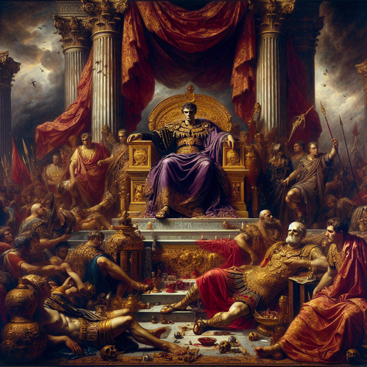 Emperor Caligula seated on a grand Roman imperial throne amidst chaos and symbols of tyranny under stormy skies, depicted in a cinematic 1960s historical epic style.