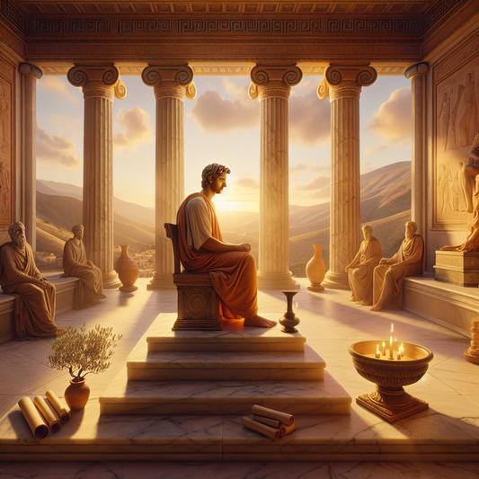 Contemplative figure resembling Epictetus standing thoughtfully in a serene ancient Greek stoa surrounded by symbols of Stoic wisdom and virtue, bathed in warm natural sunlight.