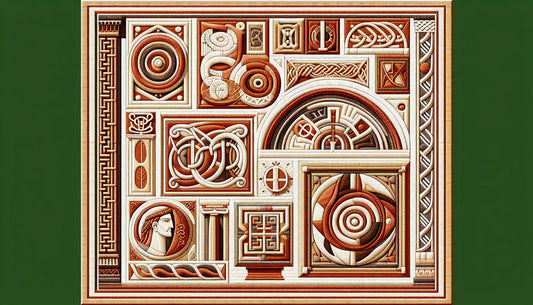 fragment eines gewebten wandteppichs mit symbolen von angeln sachsen jueten keltischen mustern und roemischer architektur in erdtonen