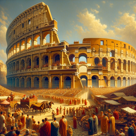 A bustling scene in ancient Rome with the Colosseum, filled with Roman citizens and soldiers, depicted in a cinematic style reminiscent of 1960s historical epics.