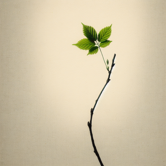 A single fresh green leaf on a slender branch softly lit by gentle spring sunlight in a minimalist traditional Japanese ink style, symbolizing growth and renewal.