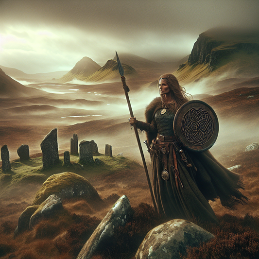 A powerful Gaelic female warrior stands on misty highlands holding a spear and a Celtic symbol shield, surrounded by shadow and atmospheric fog in a cinematic painting style.