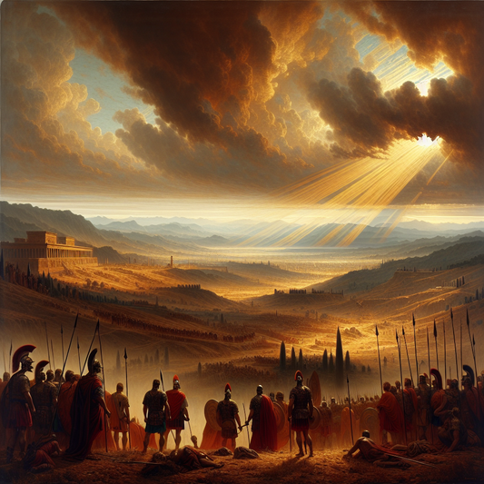 Detailed 260 AD Gallic Empire map under stormy skies with Roman soldiers on guard and Roman heartland in the distance, styled like a 1960s historical epic painting.