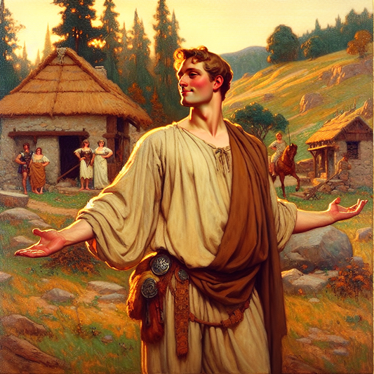 Elegant ancient Gaulish person performing a relaxed Gallic shrug with an amused expression, set against a soft, pastoral ancient France cultural background in warm daylight.