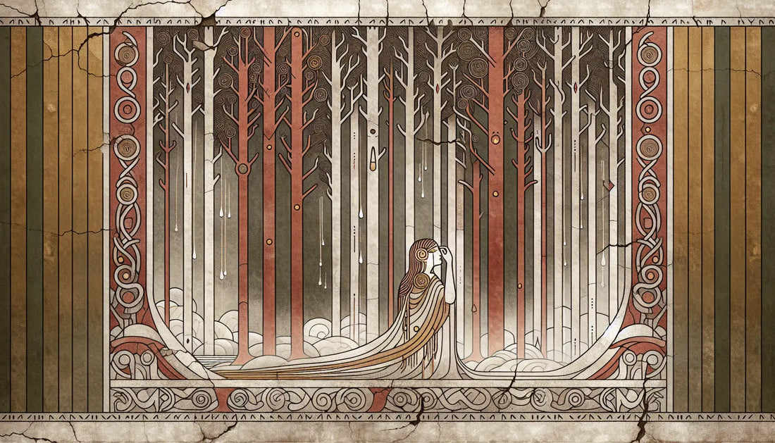 Fragment eines nordischen Teppichs mit Freya und goldenen Traenen in ruhiger Ornamentik auf hellem steinernen Hintergrund