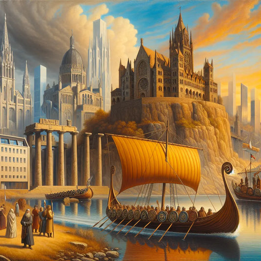 Panoramic cinematic painting blending medieval German castle, Viking longship on calm waters, and a modern German cityscape illustrating harmony of history and progress.