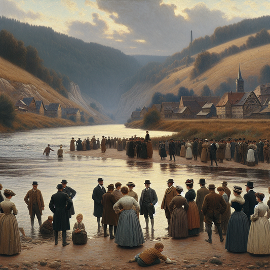 Late 19th-century German people dressed in period attire stand cautiously on a riverside, reflecting social order and swimming bans near 1883.
