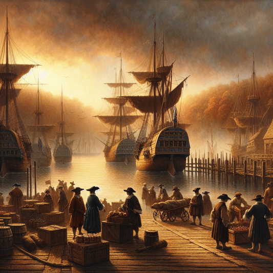 German settlers in traditional 17th century attire unloading goods from ships at a busy colonial American harbor under a warm golden sky, in a cinematic painting style reminiscent of 1960s historical epics.