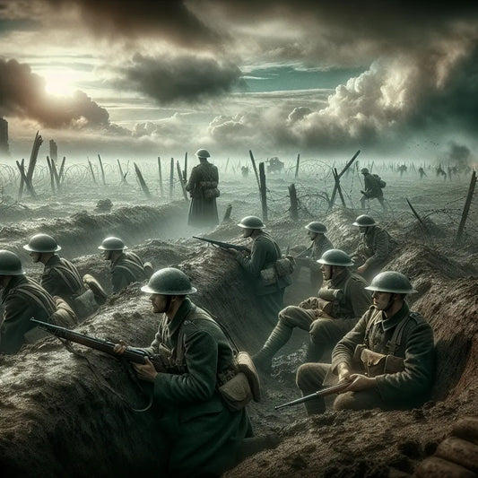 German World War I soldiers wearing Stahlhelm helmets on a muddy battlefield beneath eerie, heavy clouds, portrayed in a dramatic, painterly war scene.