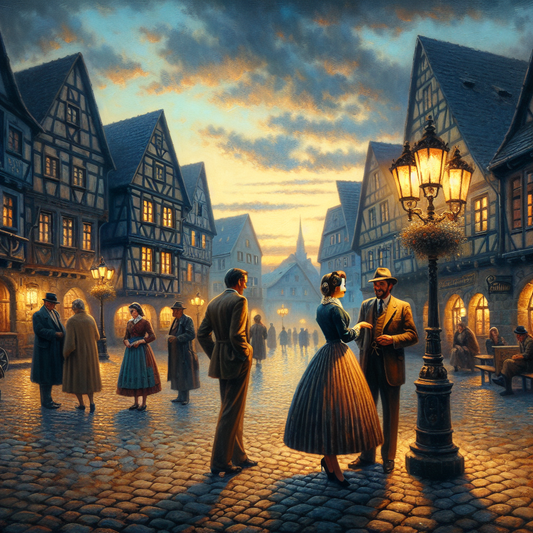 People in a traditional German town square greeting each other warmly with Guten Abend under soft street lamp light and twilight, depicted in a cinematic painterly style.