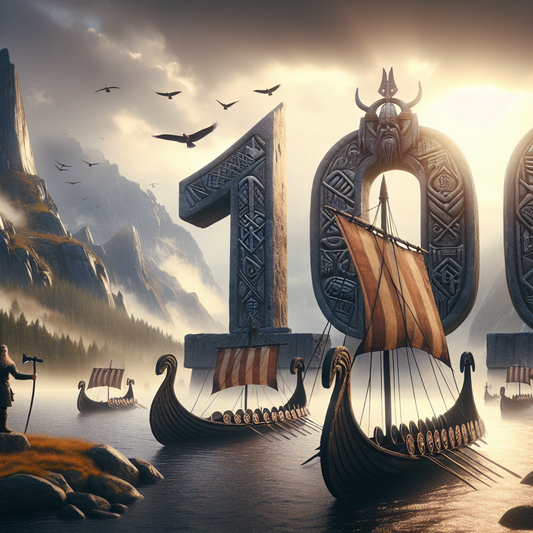 A cinematic painting showing the number 100 in Germanic runes carved on stone, surrounded by Viking longships and Norse mythological figures, set in a dramatic Nordic landscape.