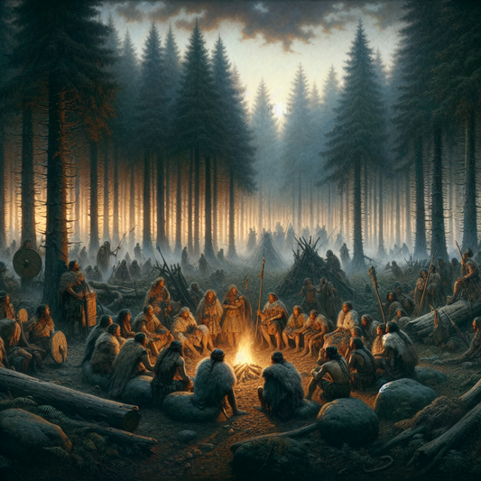 Germanic tribal warriors gathered around a campfire in a dense ancient forest at dusk, tense as shadows of Roman soldiers approach through the trees in a classic 1960s cinematic style.