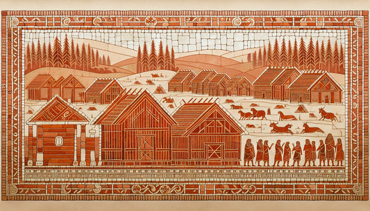 Fragment einer Darstellung eines germanischen Dorfes mit Holzhäusern und Wald in antikem Mosaikstil