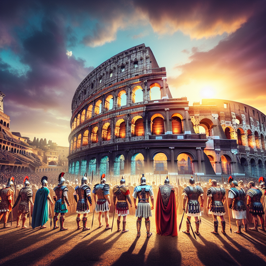 An artistic representation of the Colosseum with gladiators, showcasing the ancient Roman architecture and the thrilling atmosphere of a gladiatorial combat.
