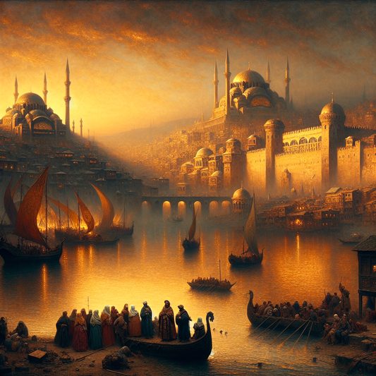 Panoramic view of the Golden Horn estuary at sunrise, showing historic Byzantine cityscape with domed churches, minarets, and vibrant waterfront activity in a painterly, cinematic style.