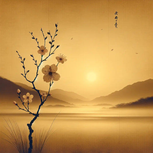 Soft golden sunrise illuminating a calm natural landscape with a lone cherry blossom branch, evoking serene hope and renewal in minimalist Japanese style.