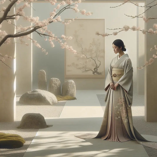 A graceful woman in a traditional Japanese kimono stands in a peaceful garden with cherry blossoms softly illuminated by natural light, embodying elegance and calm minimalism.