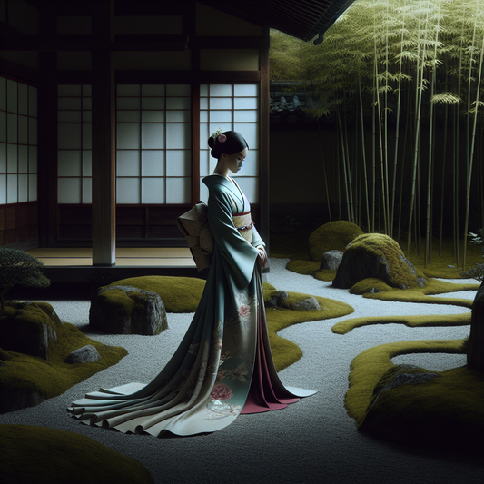 A graceful woman in a traditional Japanese kimono with an elegant obi sash, standing peacefully in a serene garden with soft natural light highlighting her poised silhouette and cultural attire.