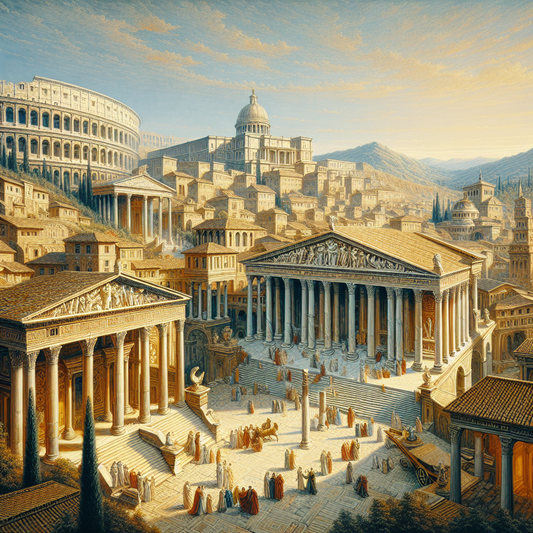 Panoramic ancient Roman cityscape featuring the Colosseum and Roman Forum under a clear blue sky, with figures in Roman dress and classical architecture, rendered in a 1960s historical epic painting style.