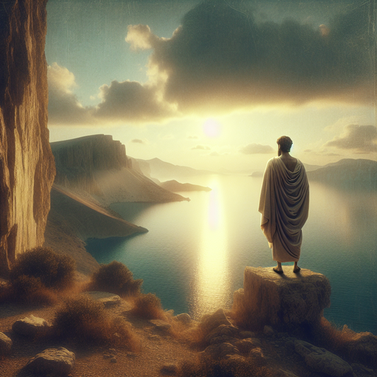 Ancient Greek philosopher on a cliff gazing over a calm sea, embodying the Stoic approach.