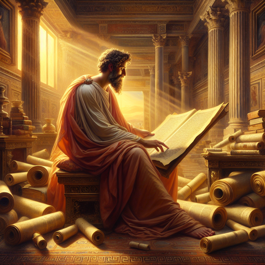 Ancient Greek philosopher in deep contemplation surrounded by scrolls and manuscripts, evoking wisdom and serenity.