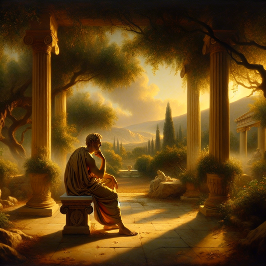 Greek philosopher in deep contemplation among serene gardens, representing Stoic philosophy, in a style reminiscent of 1960s historical films.