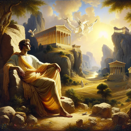 A Greek philosopher standing on a rock formation with temples in the distance, embodying wisdom and tranquility.