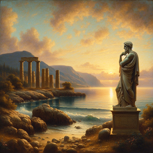 Ancient Greek statue of a Stoic philosopher gazing thoughtfully by the sea at sunrise, embodying wisdom and calmness in a classical setting.