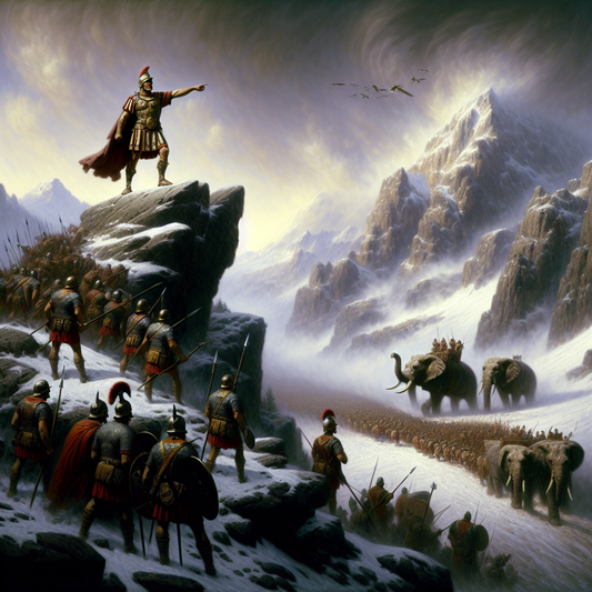 Hannibal leading war elephants and soldiers over snow-covered rugged Alps, framed by misty mountains in a cinematic historical painting style.