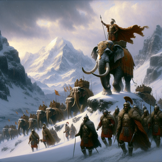 Hannibal Barca heroically leading his army and war elephants through the snowy Alps, a cinematic historical epic scene with dramatic overcast sky and rugged mountain backdrop.