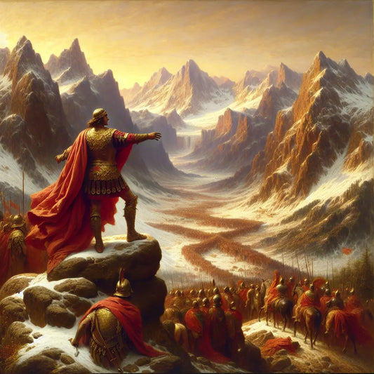 Hannibal leading his war elephants and army across snowy Alpine mountains at sunrise during the Second Punic War, painted in the style of 1960s Roman historical epics.
