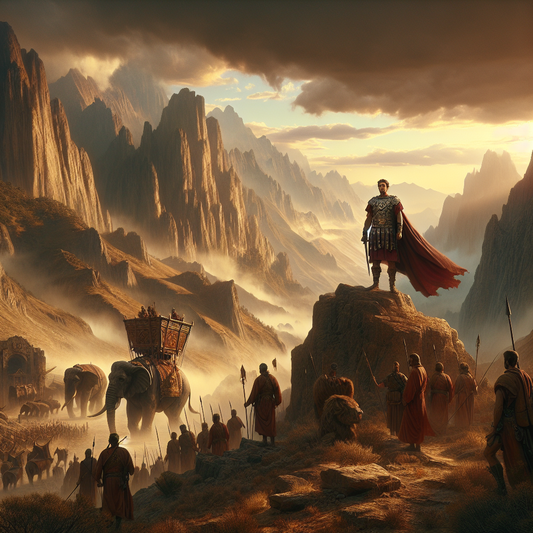 Hannibal leading his war elephants across the snowy Alps under dramatic skies, depicted in the style of a 1960s historical epic painting.