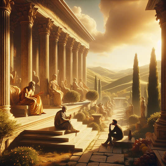 A philosopher in toga and a modern figure engage in a balanced, harmonious setting with ancient and modern elements.