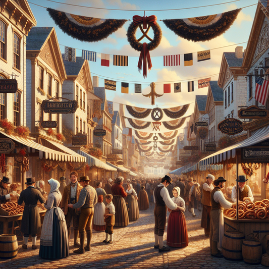 Historic American town street bustling with German-speaking immigrants, festive stalls selling pretzels and bratwurst, decorated with German cultural motifs under a clear blue sky in a cinematic painting style.