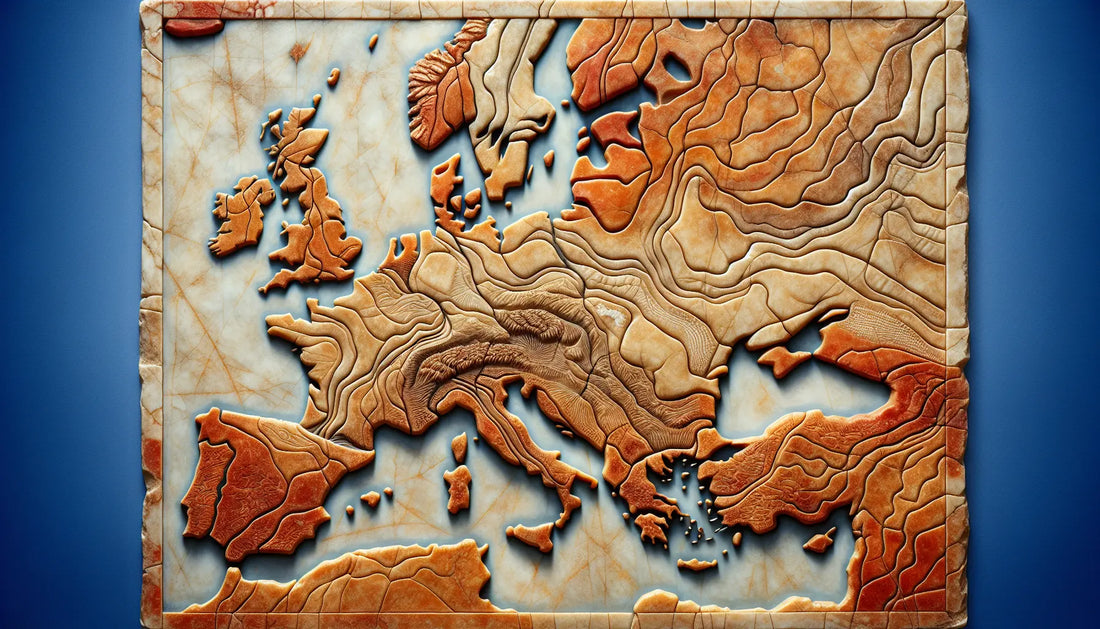 Antike Karte Europas mit Rhein und Elbe als Reliefgravur und germanischen Siedlungen in traditionellen Farben